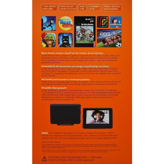 Amazon Fire 7 Kids Pro Tablet (2021), Ab 6 Jahren 17,8 cm (7 Zoll) großer Bildschirm, 16 GB, kindgerechte Hülle in Schwarz