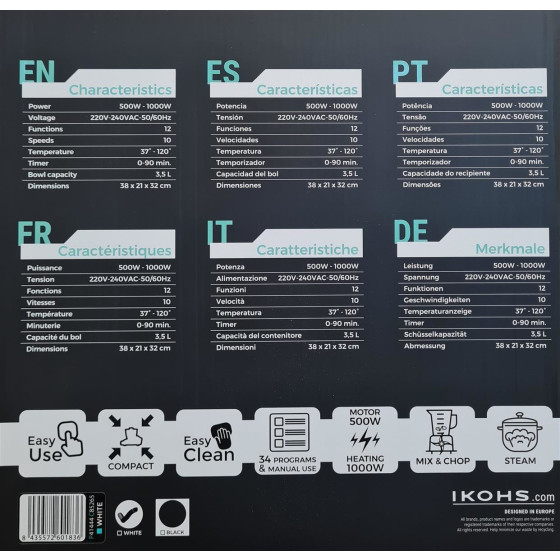 IKOHS Chefbot Compact Multifunktions-Küchenmaschine, 23 Funktionen, 10 Geschwindigkeiten mit Turbo, 3,5 l Edelstahlschüssel, inklusive Rezeptbuch - Weiß