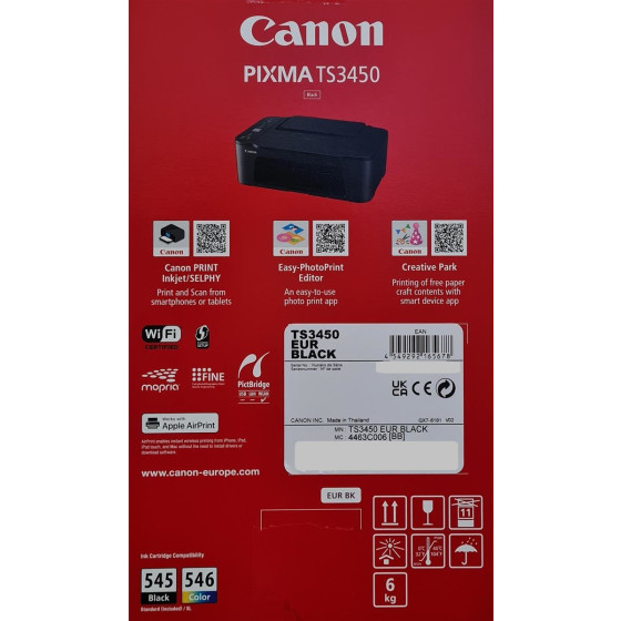 Canon PIXMA TS3450 3in1 Tintenstrahl Multifunktionsgerät Scanner, Kopierer, Drucker, 4800 x 1200 DPI, DIN A4, WLAN, USB, Apple AirPrint, PIXMA Cloud Link - Schwarz
