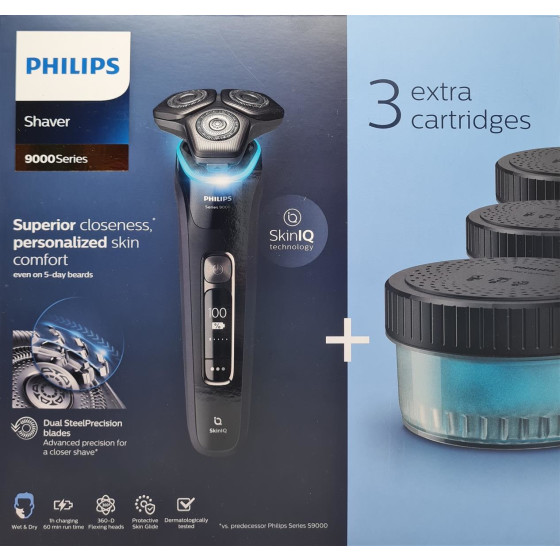 Philips S9986/63 Series 9000 Elektrischer Nass- und Trockenrasierer, SkinIQ Technologie, Lade- und Reinigungsstation mit 3 Reinigungskartuschen - Schwarz