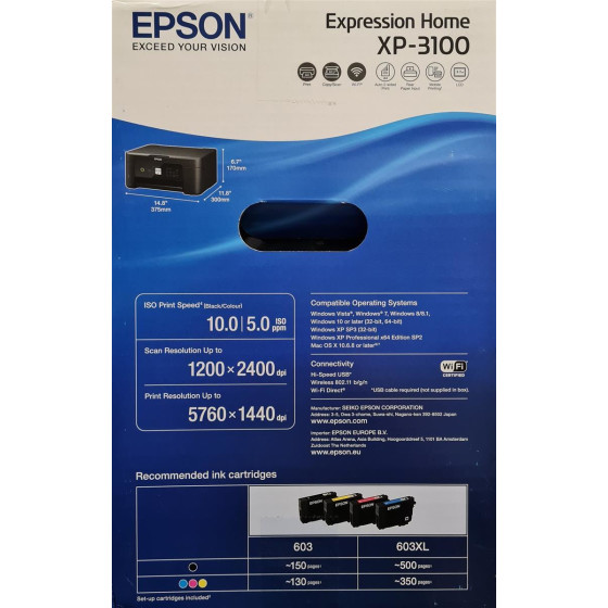 Epson Expression Home XP-3100 3-in-1 Tintenstrahl-Multifunktionsgerät, Drucker, Scanner, Kopierer, 5760 x 1440 DPI, WLAN, A4, Wi-Fi, Schwarz